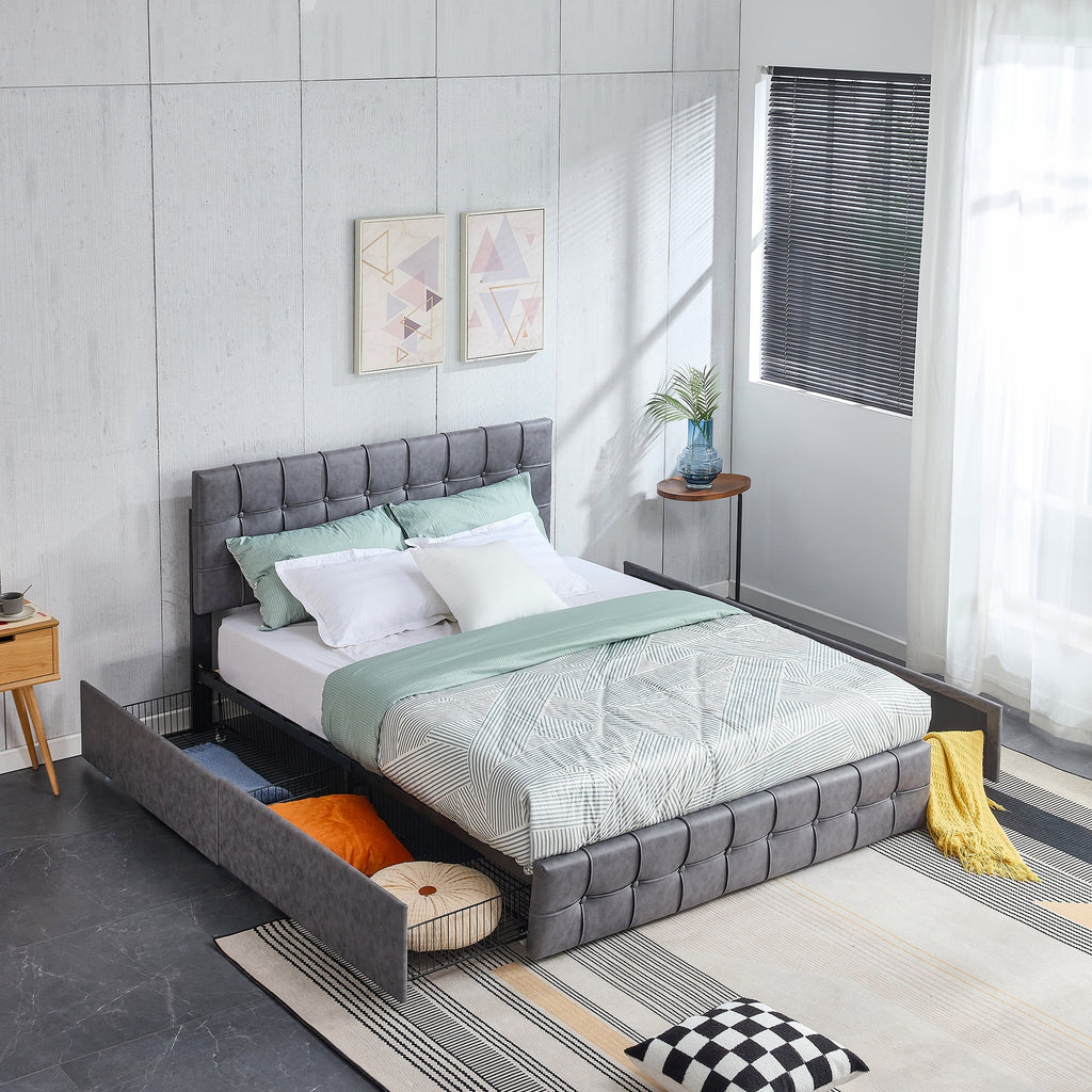 Queen Size Grey Upholstered Platform Bed Frame with 4 Storage Drawers Q43052