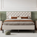 Beige Upholstered Fabric Queen Size Platform Bed Frame O543