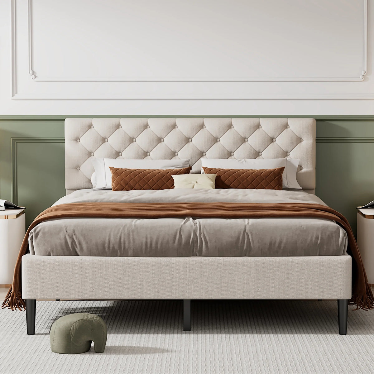 Beige Upholstered Fabric Queen Size Platform Bed Frame O543
