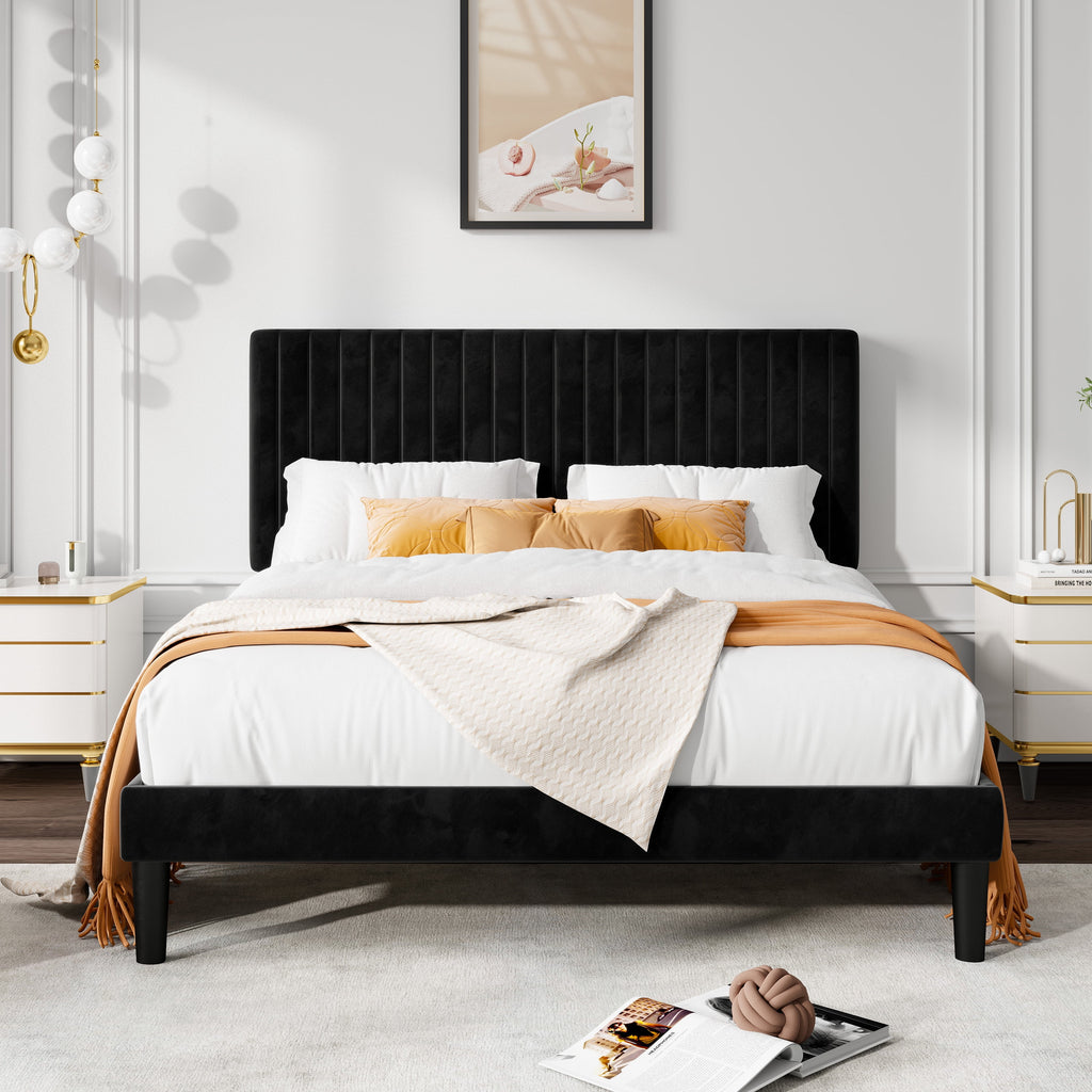 Queen Size Black Velvet Upholstered Platform Bed Frame K1707