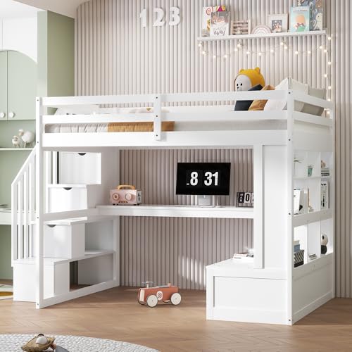 White Full Size Loft Bed with L-Shaped Desk, Wardrobe and Storage Shelves Q1931