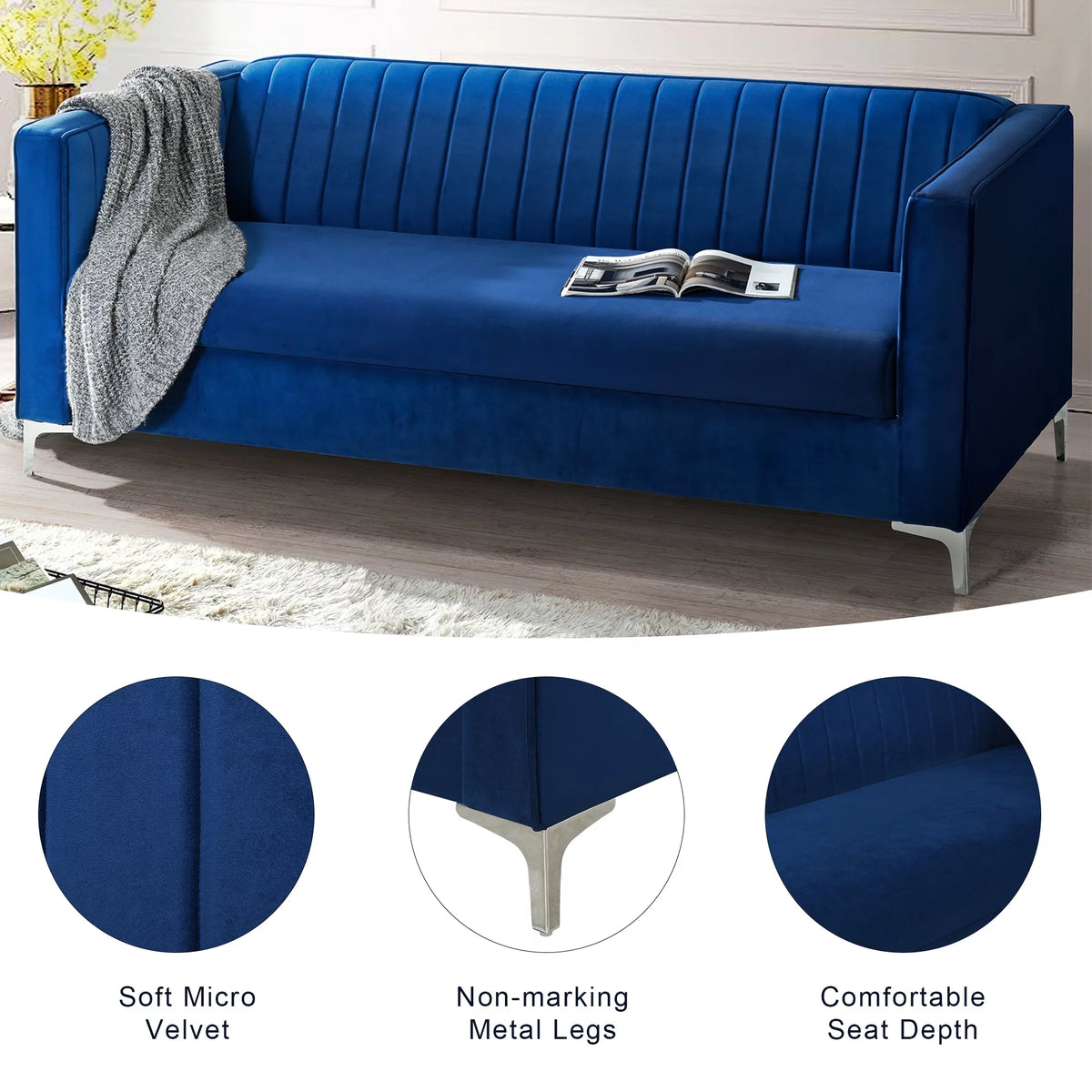 Blue Velvet Loveseat Sofa with Metal Legs X438642