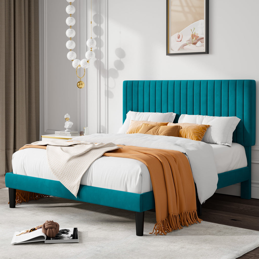 Queen Size Black Velvet Upholstered Platform Bed Frame K1707