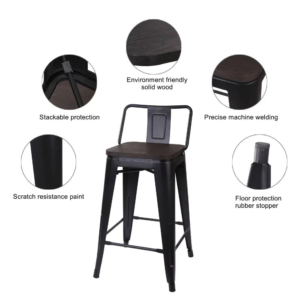 Black 24 inch Low Back Metal Barstool with Dark Wood Seat, Set of 4 G3757