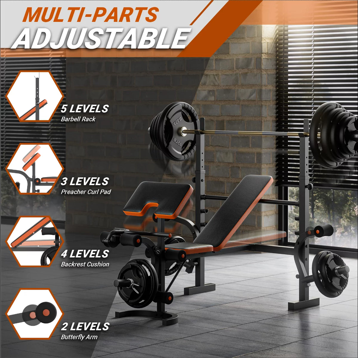 Adjustable Weight Bench with Barbell Rack and Leg Developer K591318
