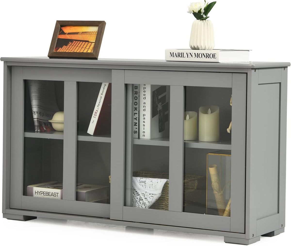 Stackable Buffet Cabinet with Sliding Tempered Glass Doors, Grey X4754