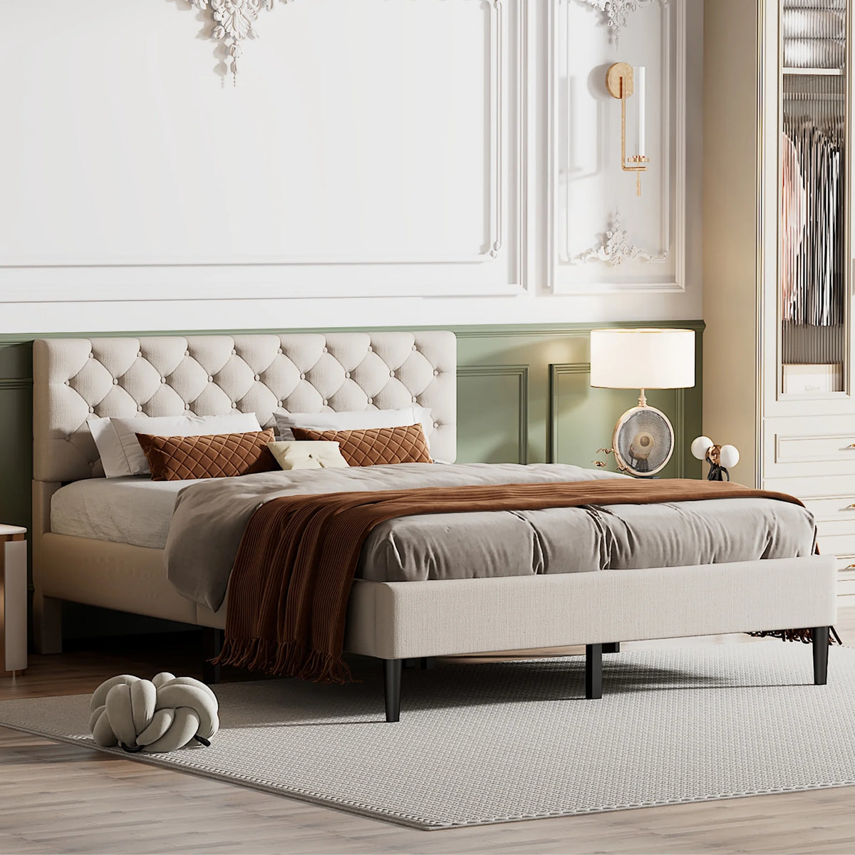 Beige Upholstered Fabric Queen Size Platform Bed Frame O543
