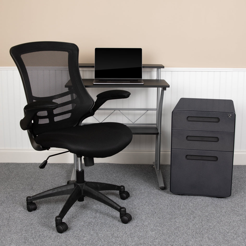 Black Computer Desk, Ergonomic Mesh Office Chair and Locking Mobile Filing Cabinet V88916