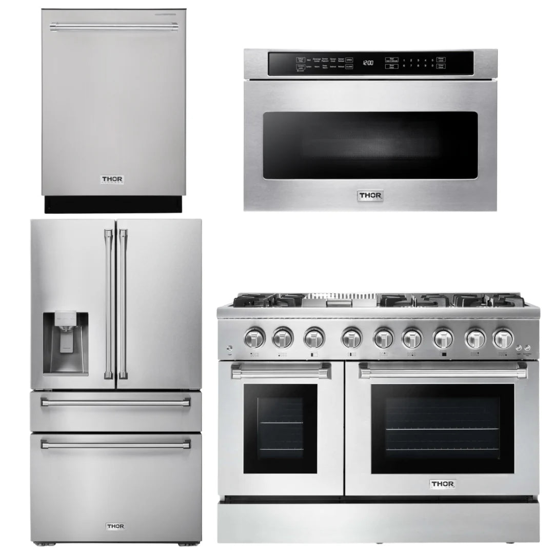 48 Gas Burner Electric Oven Range, Refrigerator with Water and Ice Dispenser, Dishwasher, Microwave A66398