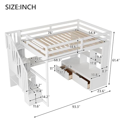 White Full Size Loft Bed with L-Shaped Desk, Wardrobe and Storage Shelves Q1931