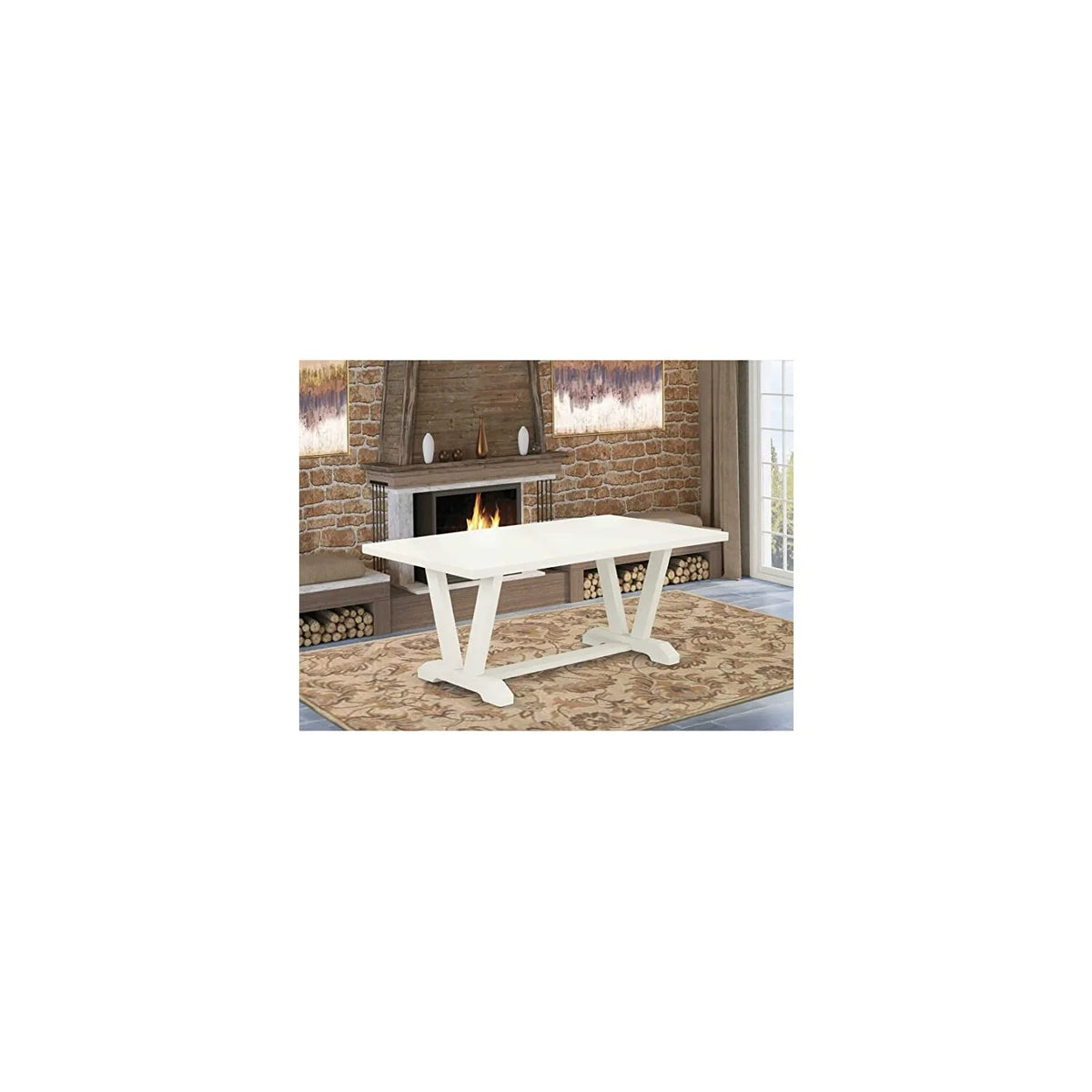 Kitchen Table with Linen White Top and Wooden Legs Y396983
