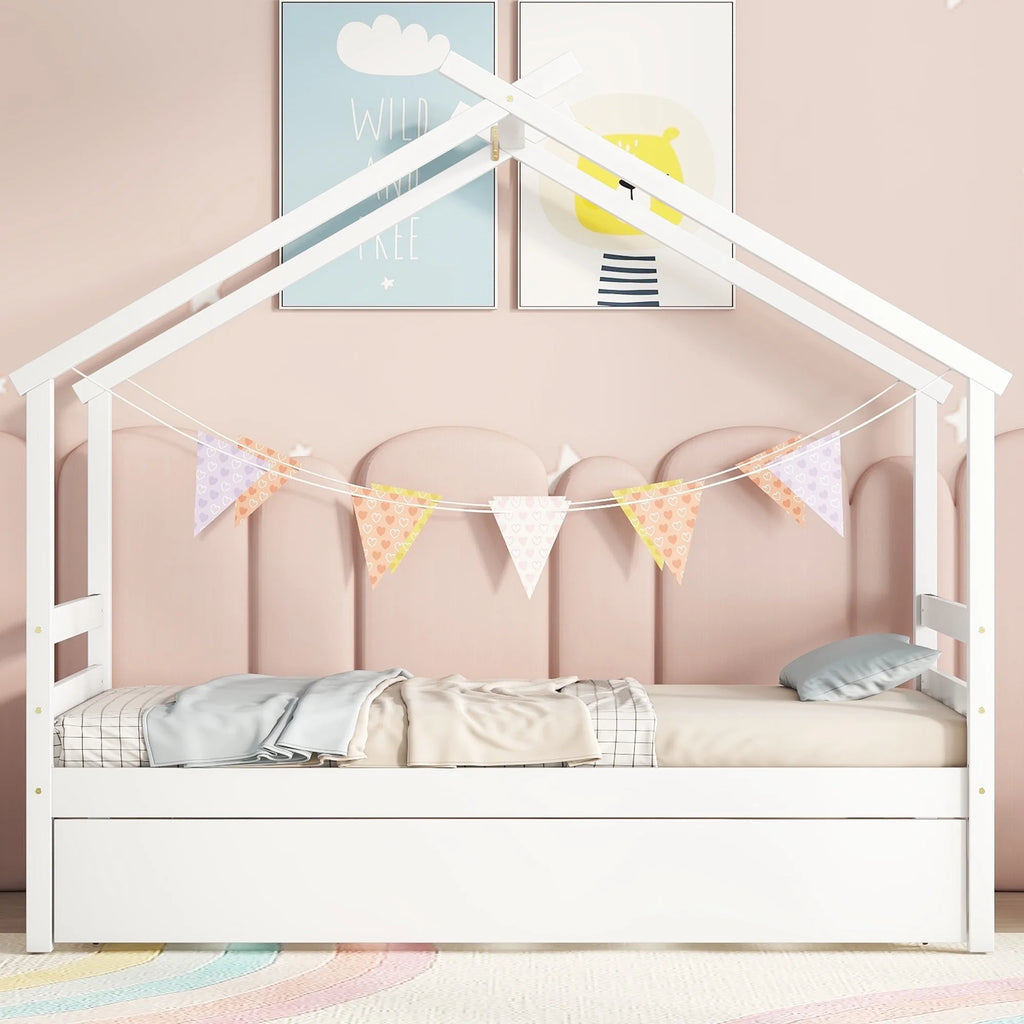 Twin Size White Bed Frame with Trundle D948295