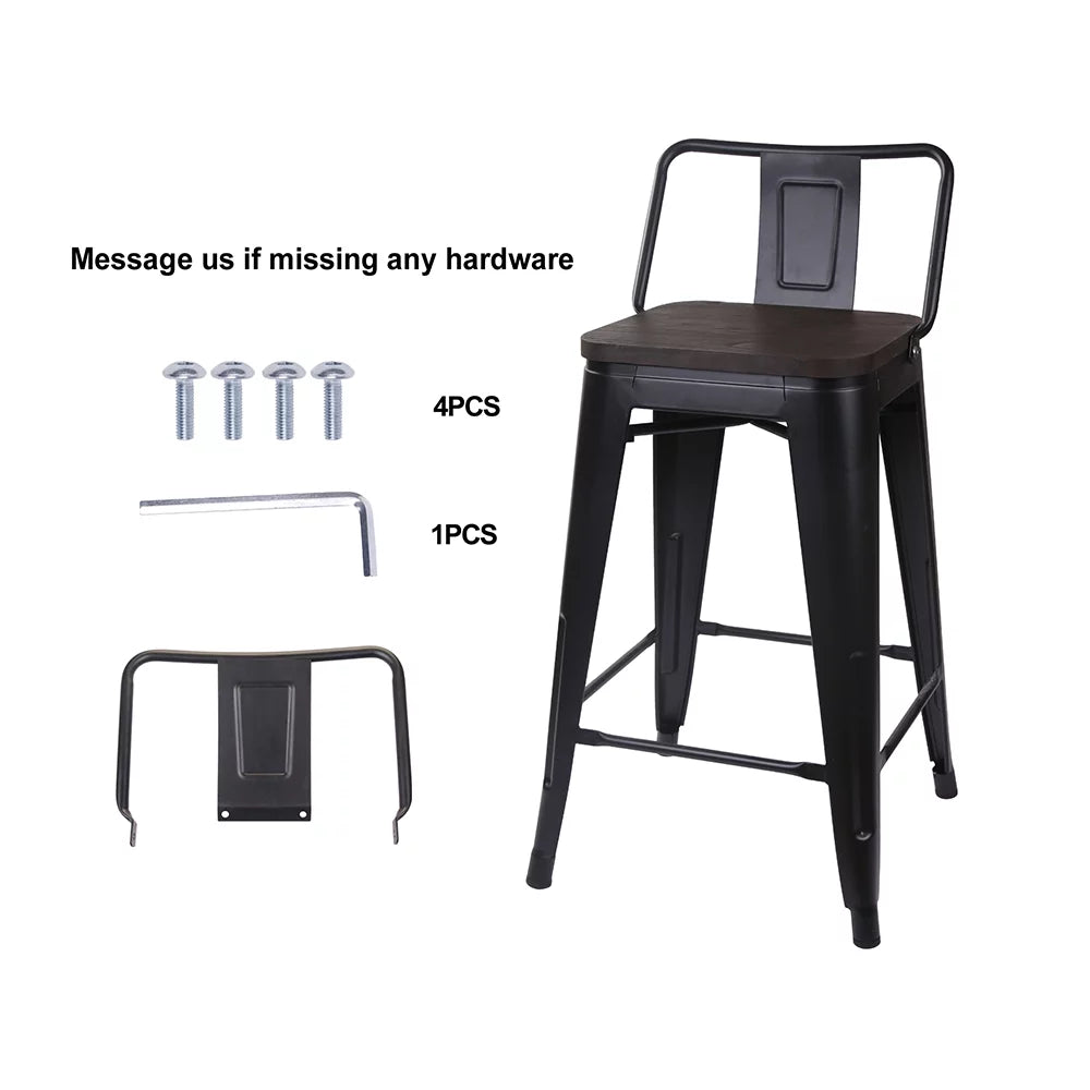 Black 24 inch Low Back Metal Barstool with Dark Wood Seat, Set of 4 G3757