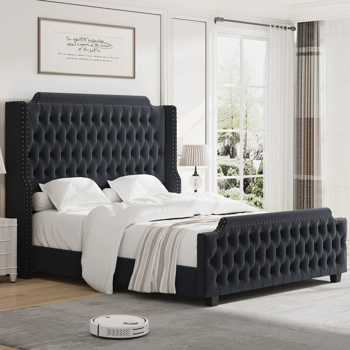 Queen Size Off-white Velvet Upholstered Bed Frame with Headboard and Footboard E4387