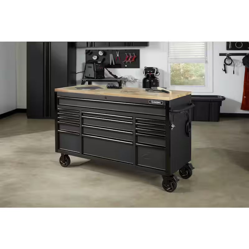 Heavy Duty 15-Drawer Mobile Workbench Tool Chest with Solid Wood Top in Matte Black N6794