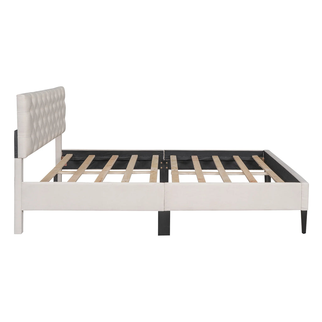 Beige Upholstered Fabric Queen Size Platform Bed Frame O543