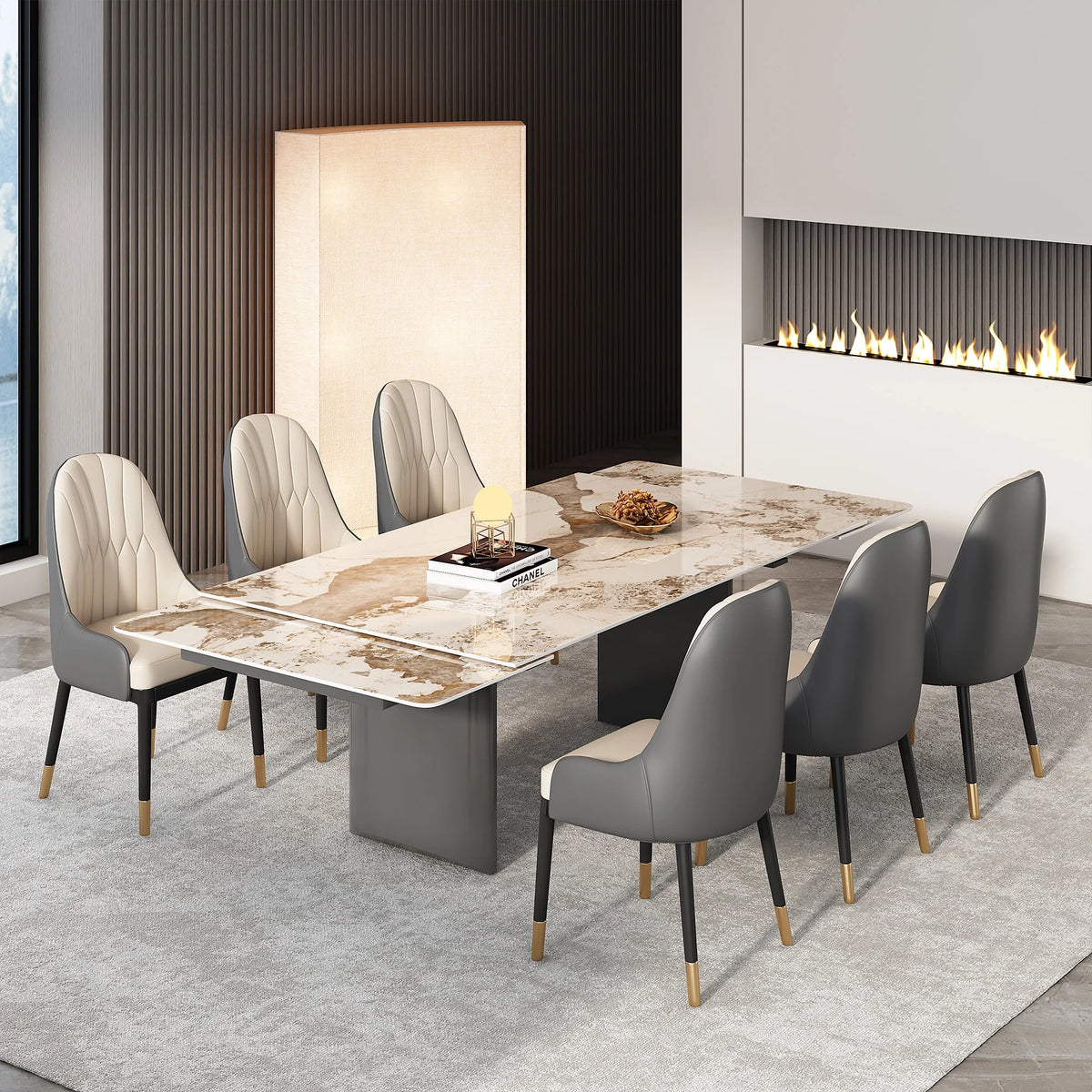 6-Person Extendable Dining Set with Sintered Stone Top and Stainless Steel Legs G97237