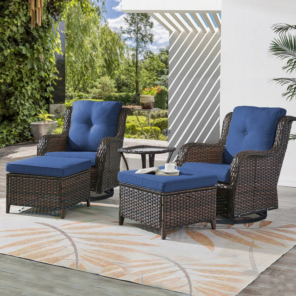 5-Piece Wicker Outdoor Conversation Set with Blue Cushions B7185