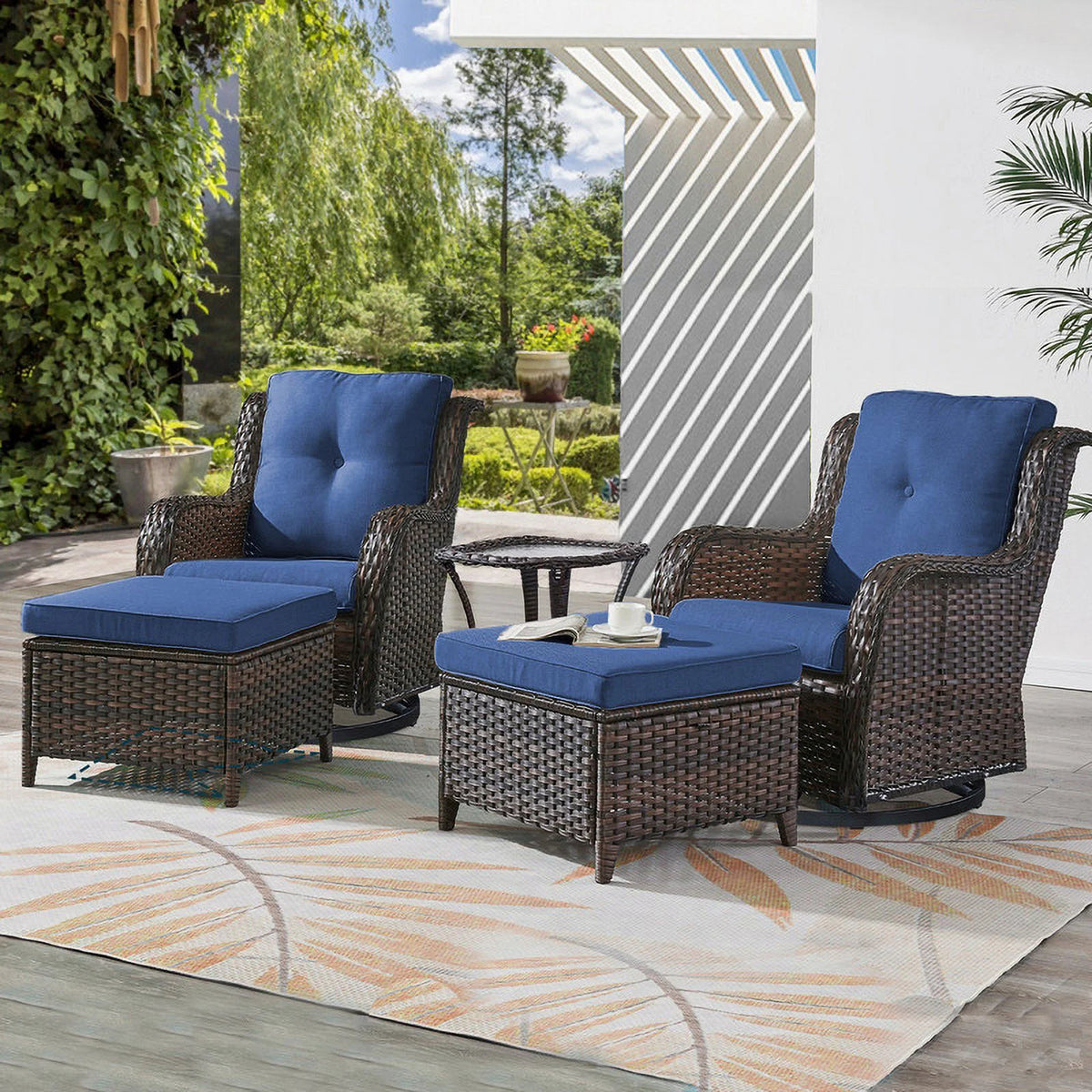 5-Piece Wicker Outdoor Conversation Set with Blue Cushions B7185