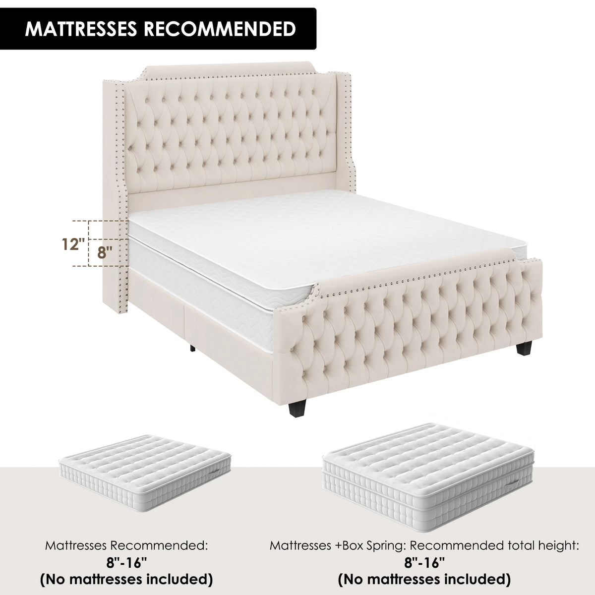 Queen Size Off-white Velvet Upholstered Bed Frame with Headboard and Footboard E4387