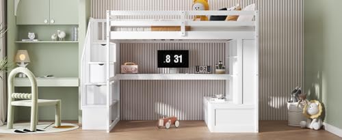 White Full Size Loft Bed with L-Shaped Desk, Wardrobe and Storage Shelves Q1931