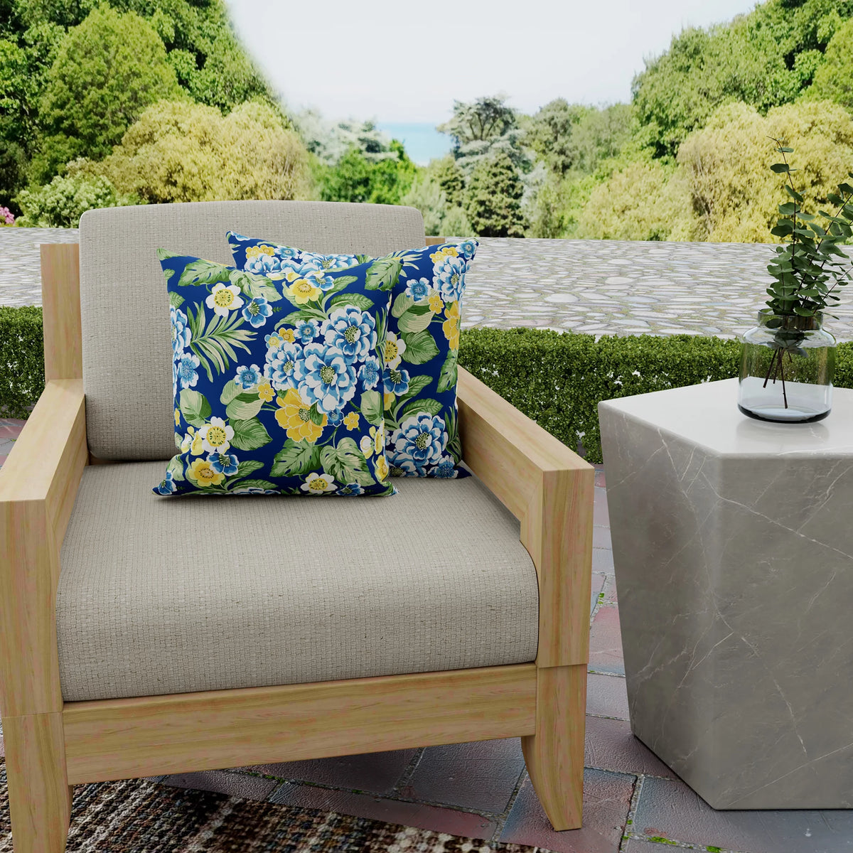 Lapis Blue Floral Square Outdoor Throw Pillow 2 Pack C2133