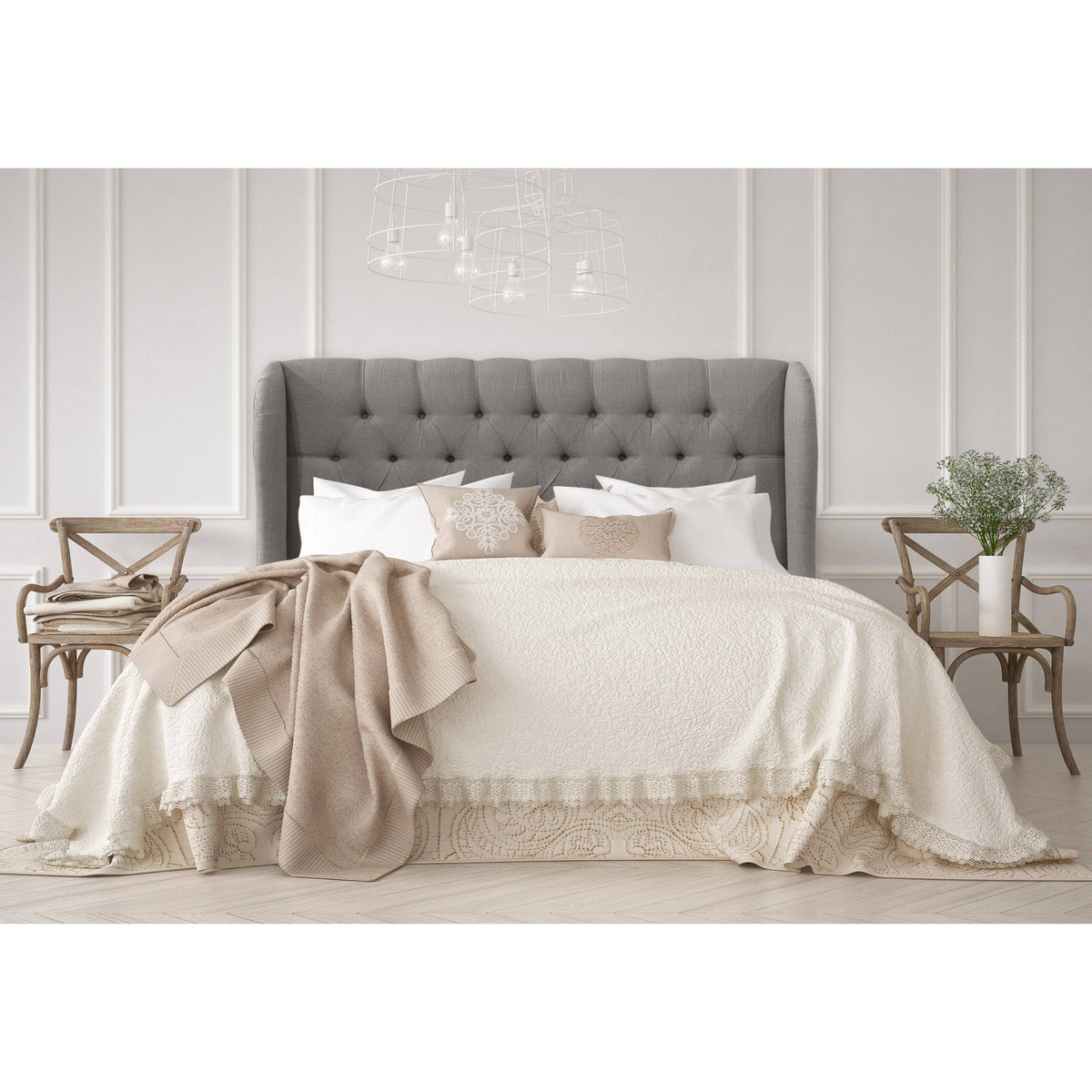 Gray Linen Tufted Wingback Headboard Y4558