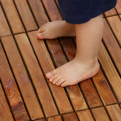 Interlocking Flooring Tiles in Solid Teak Wood Oiled Finish, Set of 10 I5854