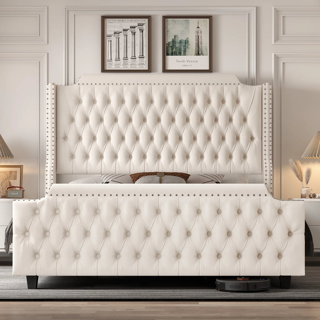 Queen Size Off-white Velvet Upholstered Bed Frame with Headboard and Footboard E4387