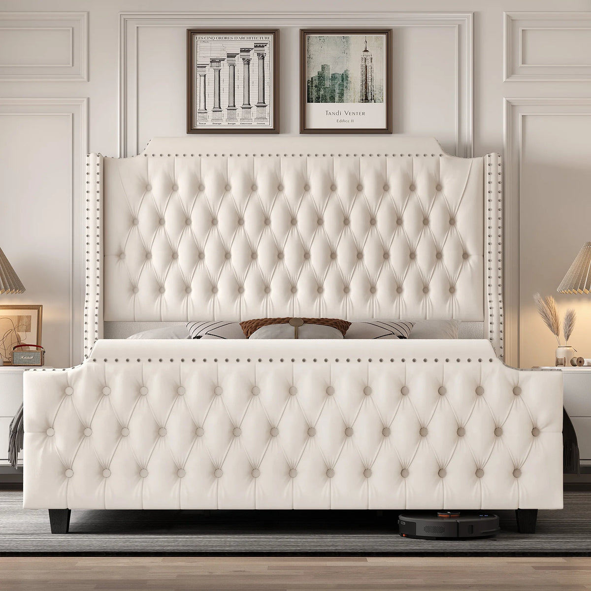 Queen Size Off-white Velvet Upholstered Bed Frame with Headboard and Footboard E4387