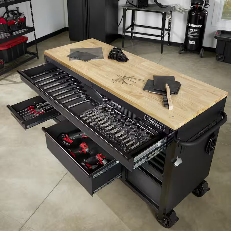 Heavy Duty 15-Drawer Mobile Workbench Tool Chest with Solid Wood Top in Matte Black N6794