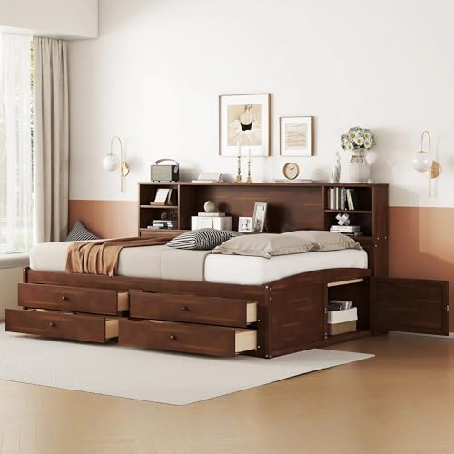 Full Size Wood Captain Bed with Storage Bookcase Drawers and Headboard R466