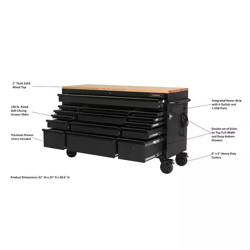 Heavy Duty 15-Drawer Mobile Workbench Tool Chest with Solid Wood Top in Matte Black N6794