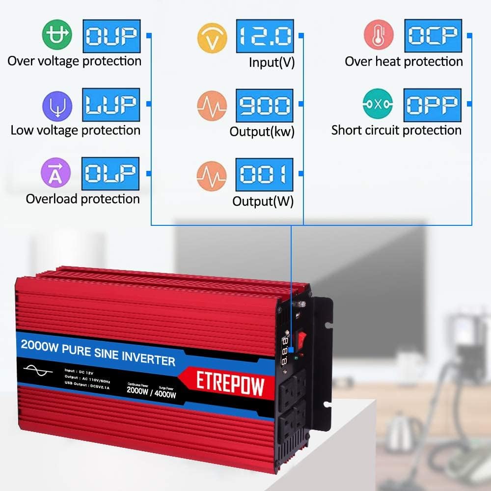 2000 Watt Pure Sine Wave Power Inverter 12V DC to 110V AC Wireless Remote Control M16466