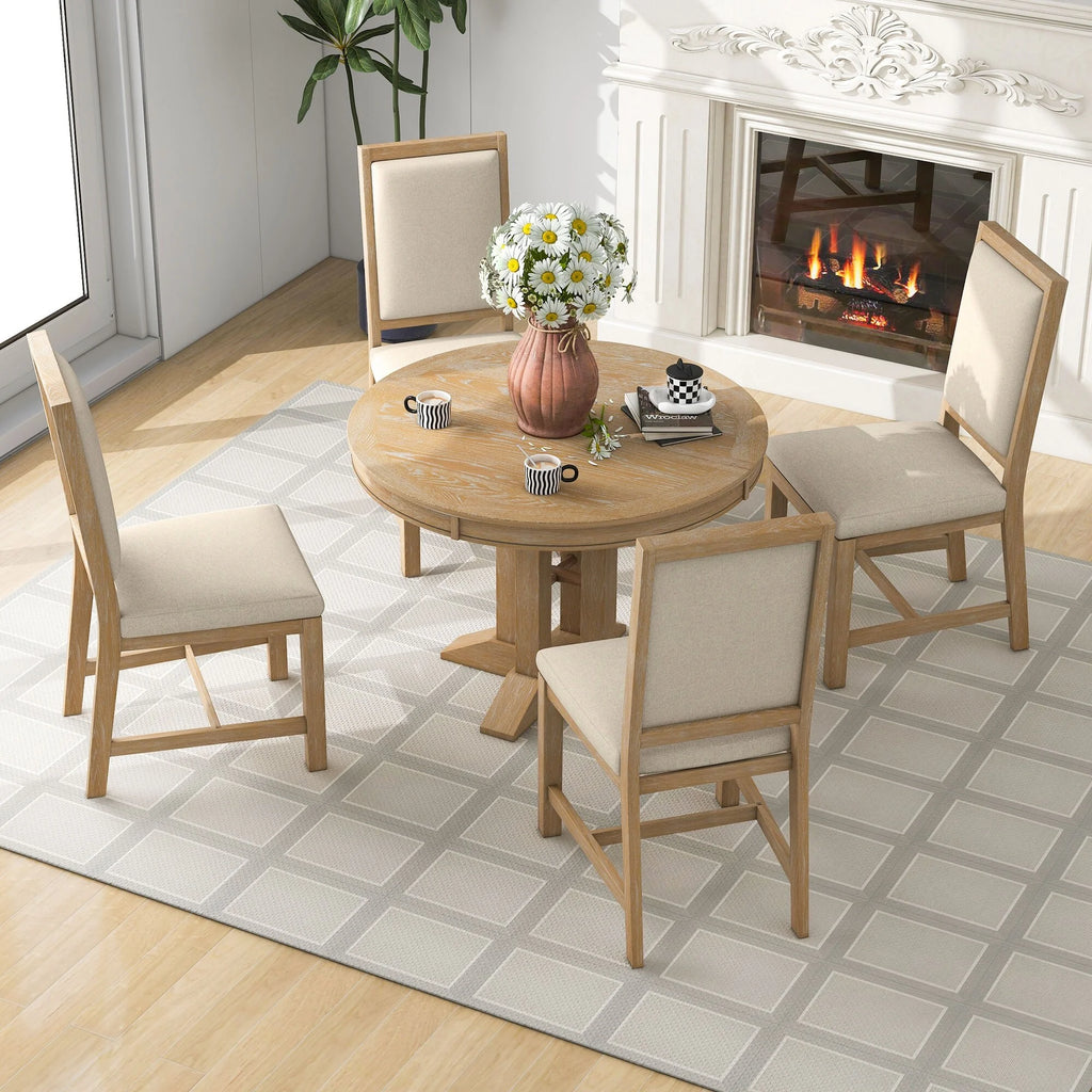 5-Piece Dining Set with Extendable Round Table and 4 Upholstered Chairs S765