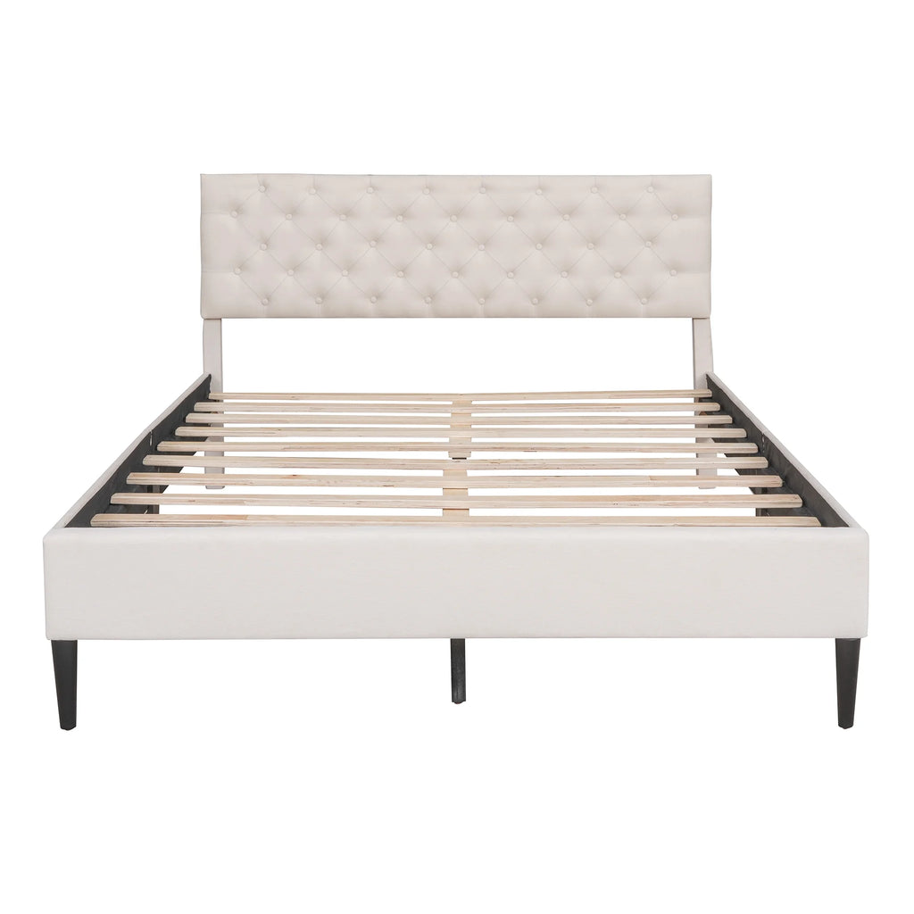 Beige Upholstered Fabric Queen Size Platform Bed Frame O543