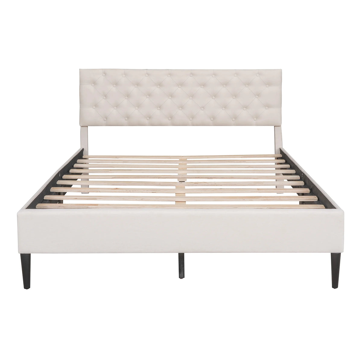 Beige Upholstered Fabric Queen Size Platform Bed Frame O543