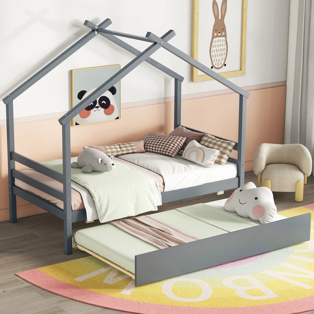 Twin Size White Bed Frame with Trundle D948295