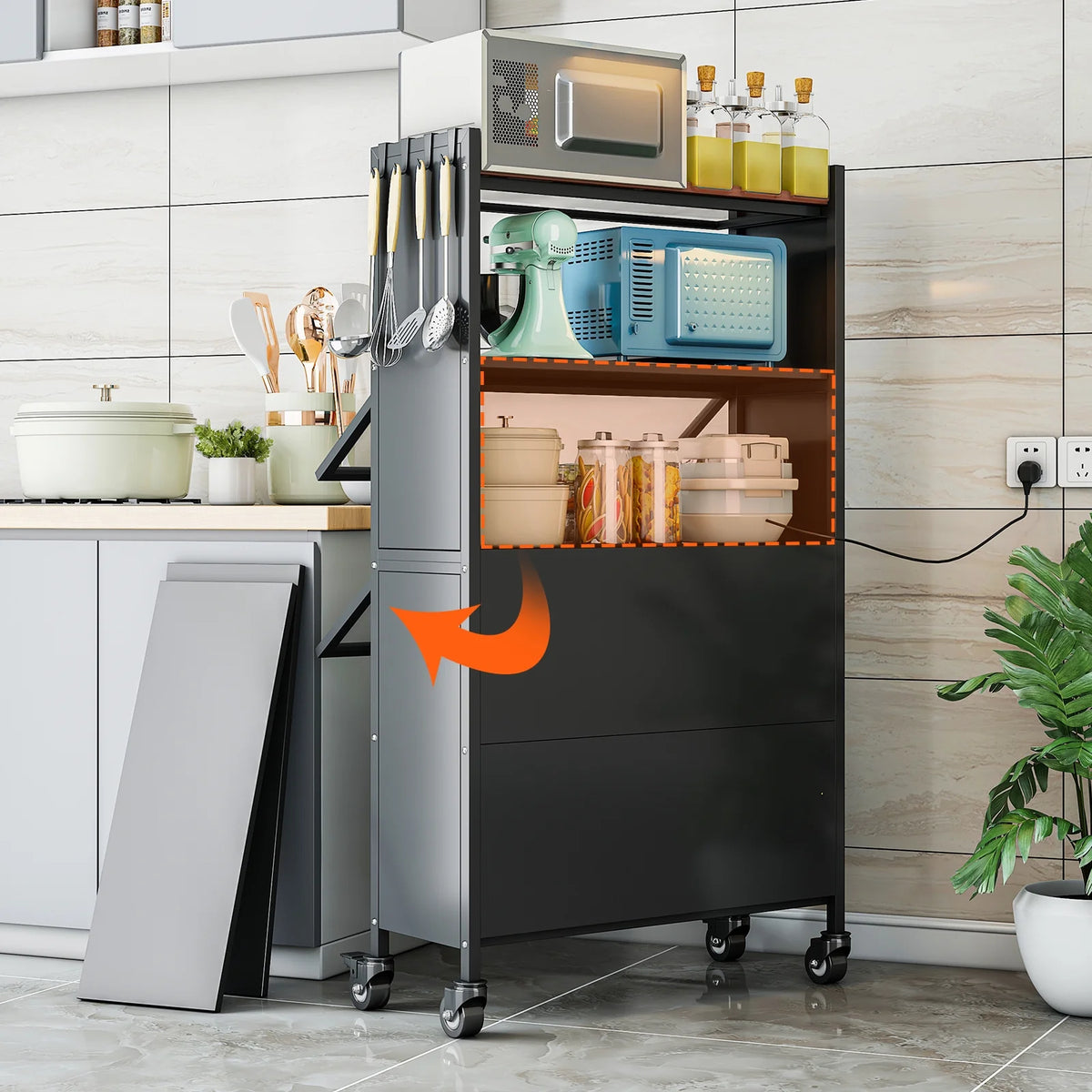 5 Tier Black Kitchen Baker's Rack with Wheels U204