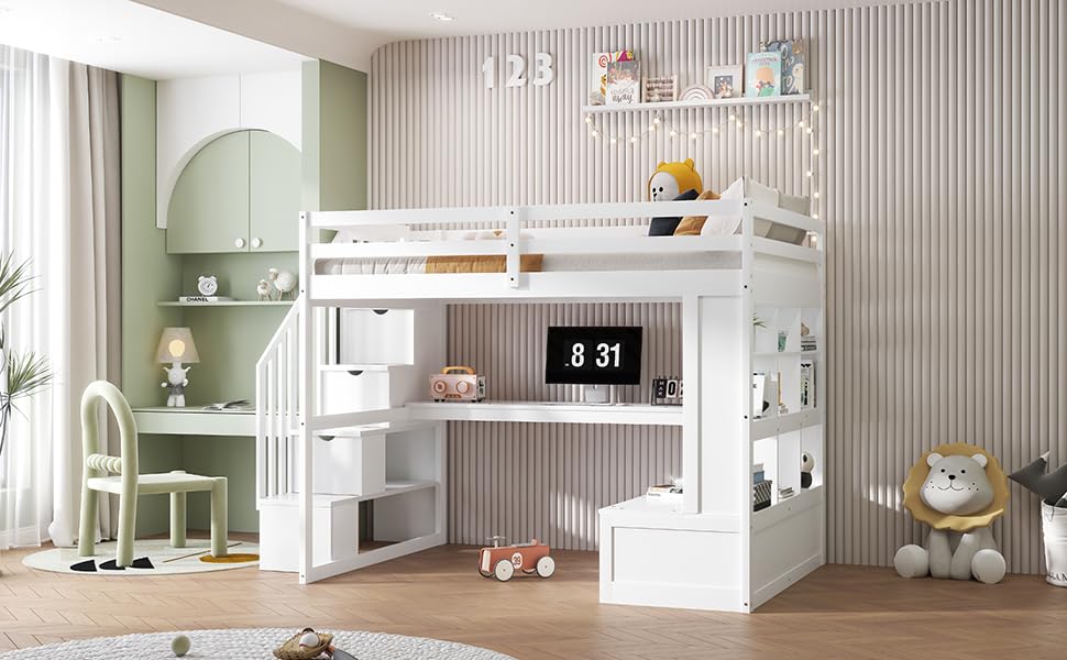 White Full Size Loft Bed with L-Shaped Desk, Wardrobe and Storage Shelves Q1931