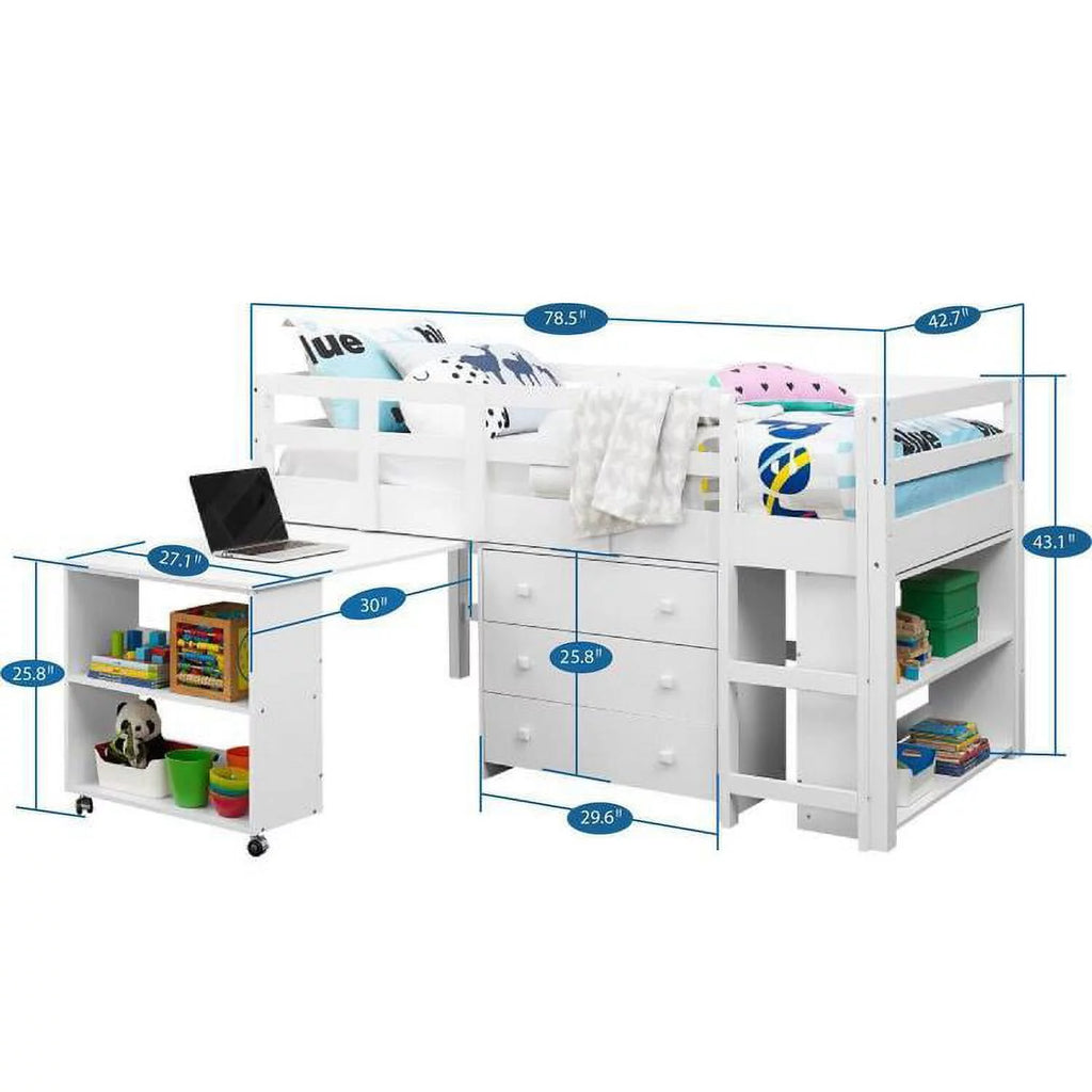 White Twin Size Low Loft Bed with Desk and Storage U72856