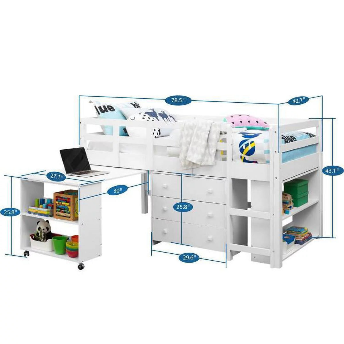 White Twin Size Low Loft Bed with Desk and Storage U72856