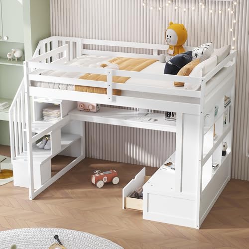White Full Size Loft Bed with L-Shaped Desk, Wardrobe and Storage Shelves Q1931