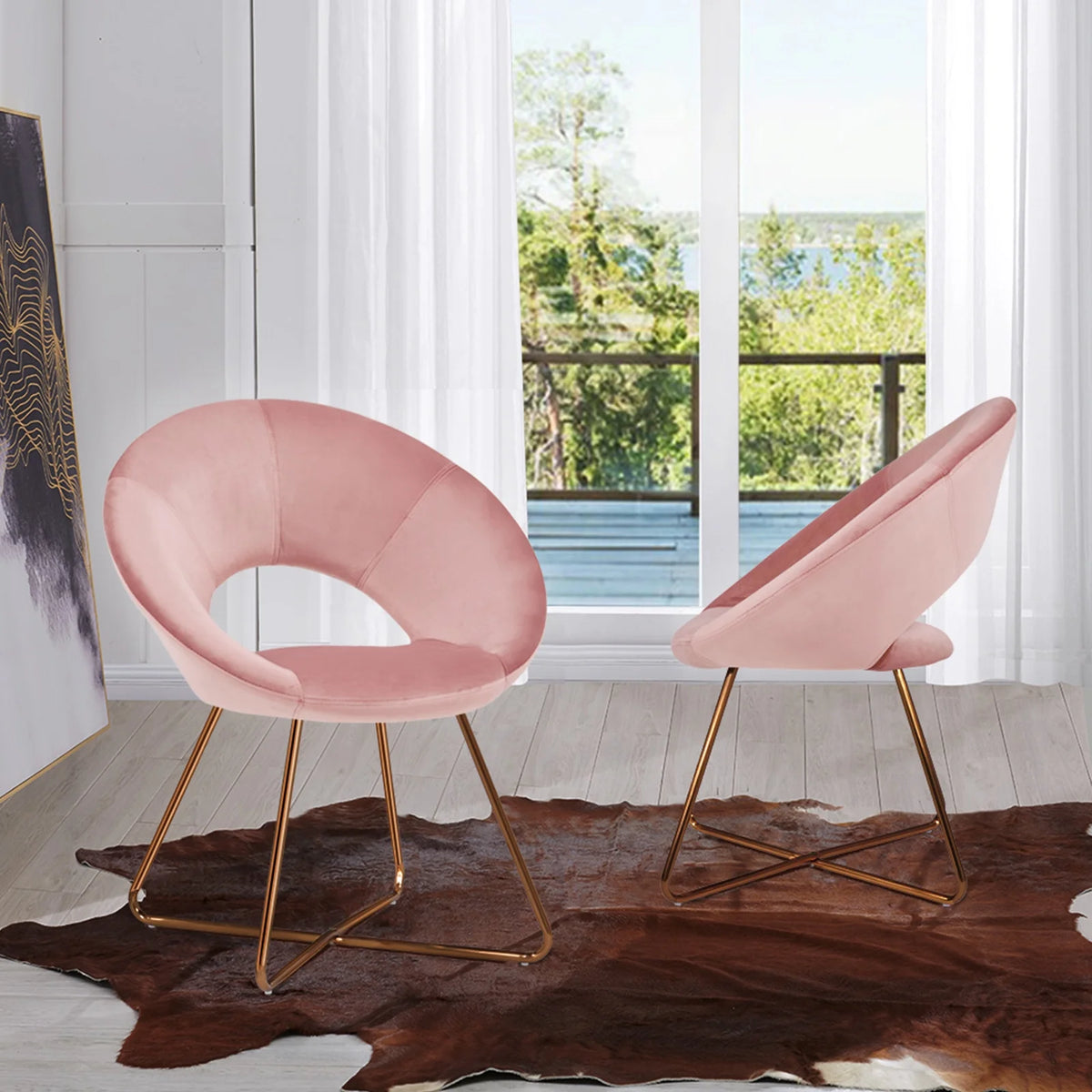 Salmon Pink Velvet Accent Chair Set of 2 with Gold Metal Legs L948