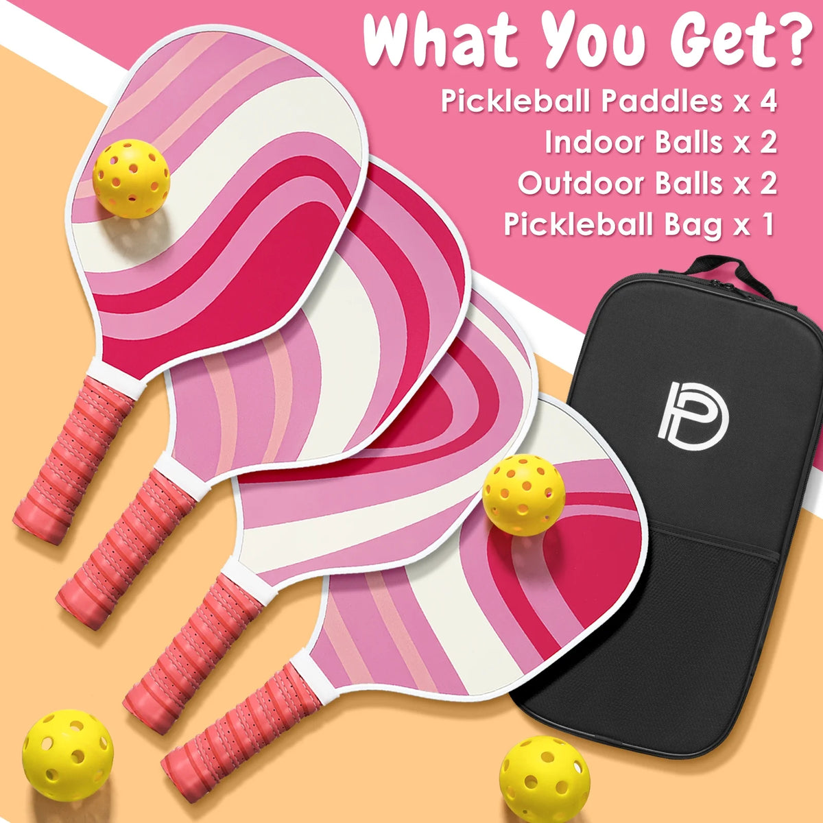 Set of 4 Wooden Pickleball Paddles with Balls and Bag A707500