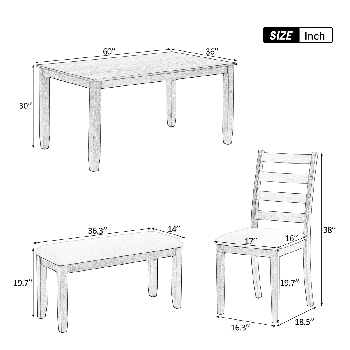 6-Piece Dining Table Set with 4 Upholstered Chairs and Bench B29690