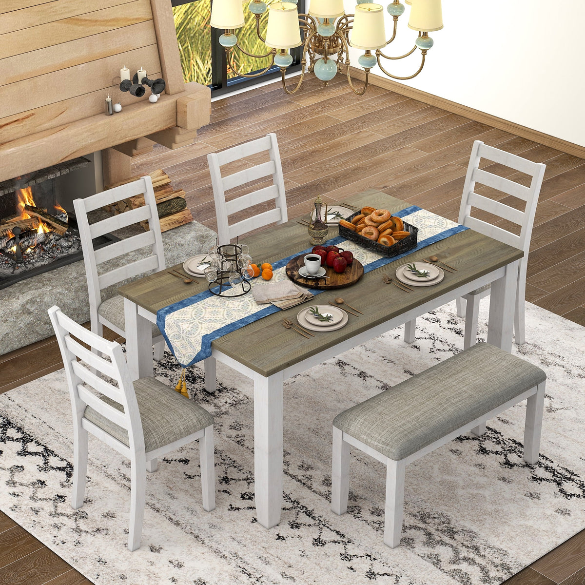 6-Piece Dining Table Set with 4 Upholstered Chairs and Bench B29690