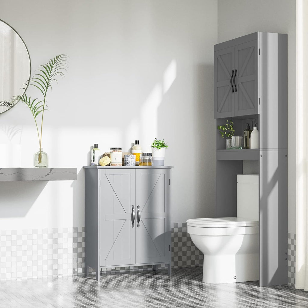 Gray Wooden Bathroom Floor Storage Cabinet with 2 Doors & Adjustable Shelves R597