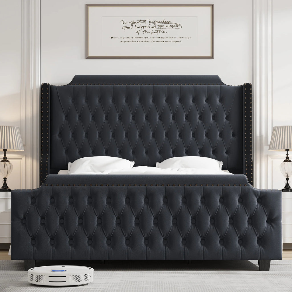 Queen Size Off-white Velvet Upholstered Bed Frame with Headboard and Footboard E4387