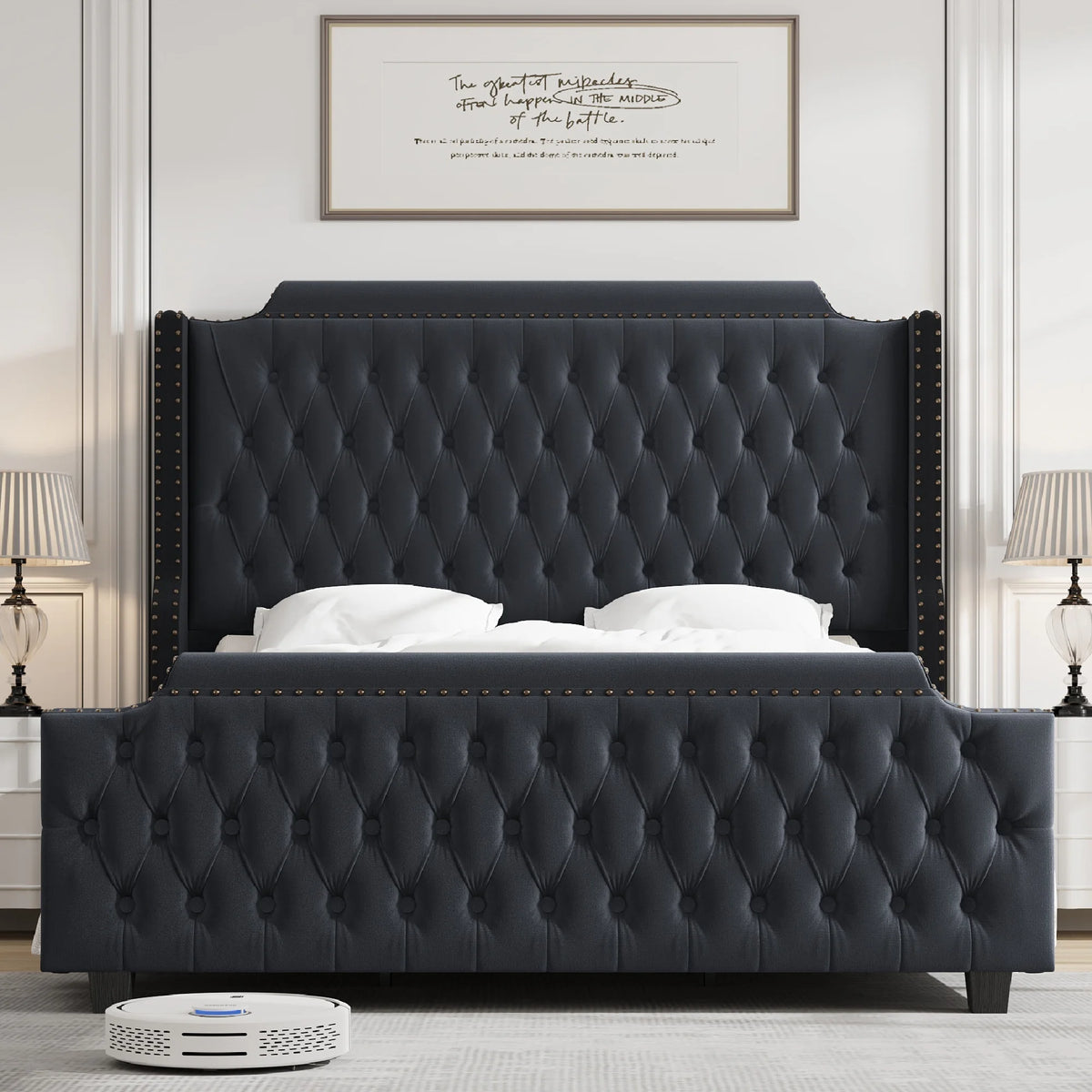 Queen Size Off-white Velvet Upholstered Bed Frame with Headboard and Footboard E4387